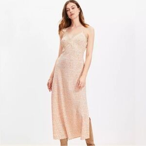 NWOT LOFT women’s Paisley print Lace Trim Midi Slip Dress peach 6